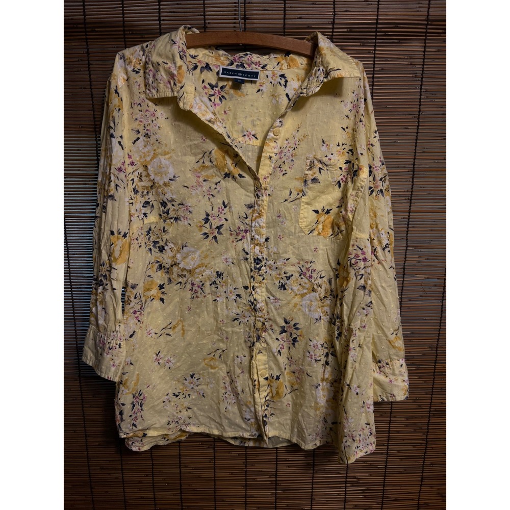 Karen Scott Yellow Floral Swiss Dot Cotton Button Down Shirt Plus Size 2X